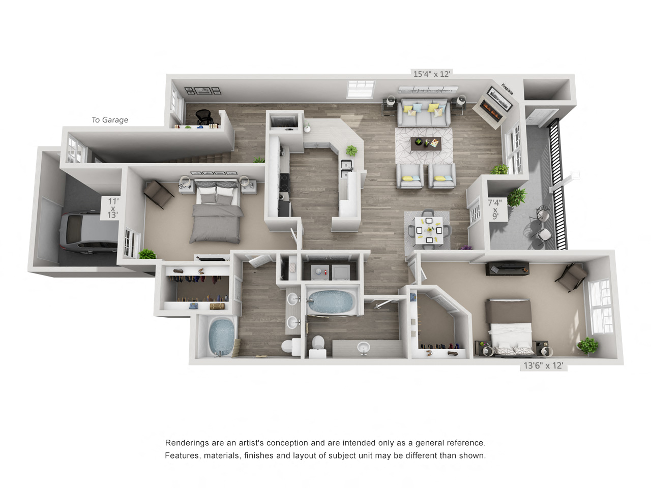 Floor plan for 2 beds, 2 baths, 1311 sqft